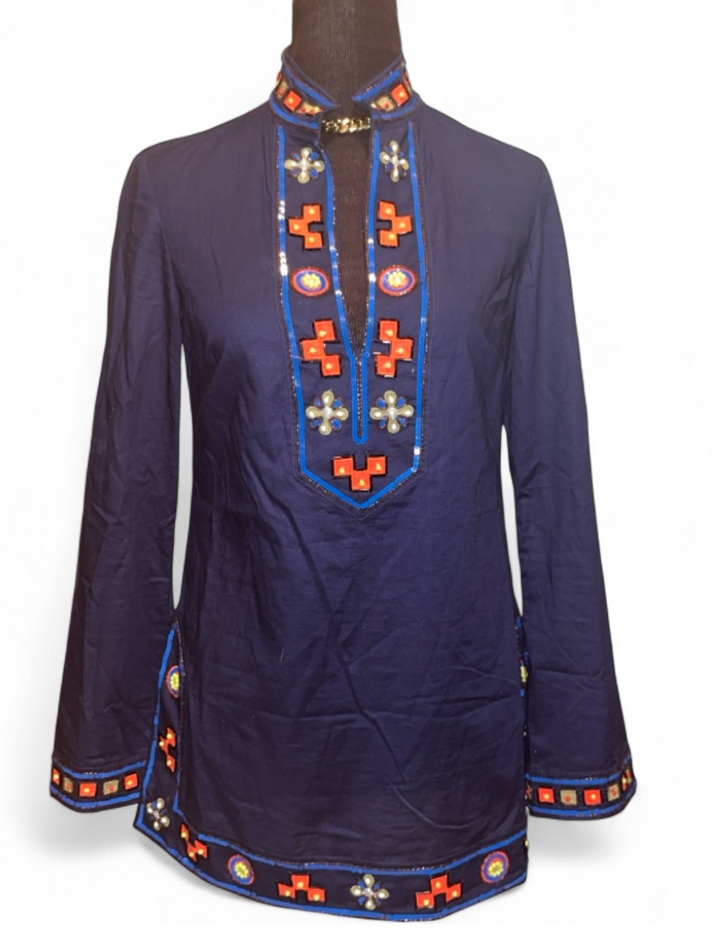 Tory Burch Navy Embellished Long-Sleeve Tunic with Orange and other color Accent